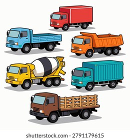 Set of various industrial trucks, including dump truck, concrete mixer, cargo truck, and flatbed truck for construction and transportation services