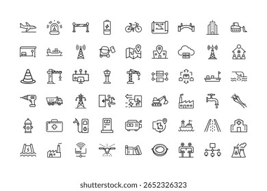 A set of various industry and infrastructure icons in a simple line drawing style.