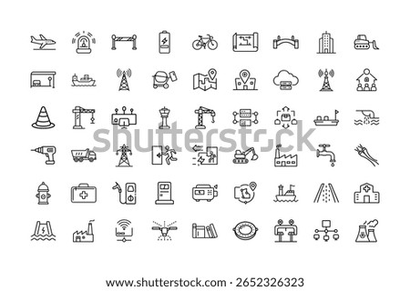A set of various industry and infrastructure icons in a simple line drawing style.
