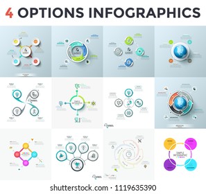 Set of various infographic design layouts with 4 choice options. Flat and realistic diagrams with four colorful elements, thin line pictograms and text boxes. Vector illustration for brochure.
