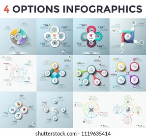 Conjunto de varios diseños de diseño gráfico con 4 opciones. Diagramas de líneas finas y realistas con cuatro elementos coloridos, pictogramas y cuadros de texto. Ilustración vectorial del folleto.