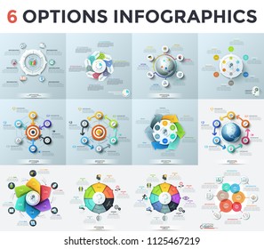 Set of various infographic design templates with 6 options. Charts with six colorful or paper white elements, linear or flat symbols and text boxes. Vector illustration for presentation, brochure.