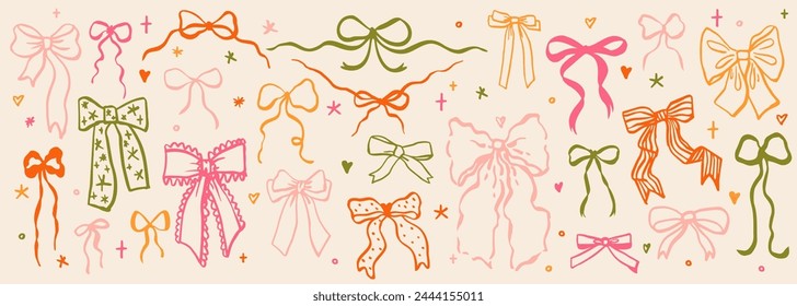 Set of various ink doodle bow knots, gift ribbons. Trendy hair braiding accessory. Hand drawn vector illustration. Minimalist tattoo sketch. 