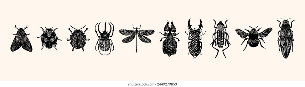 Set of various insect silhouettes in linocut style. Trendy vector illustration.