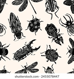 Set of various insect silhouettes in linocut style. Seamless Pattern. Trendy vector illustration.