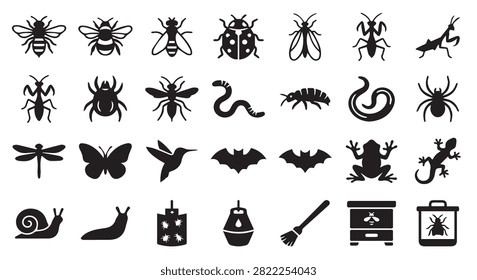 Set of various insect and wild animal silhouette icons with wildlife, arachnids