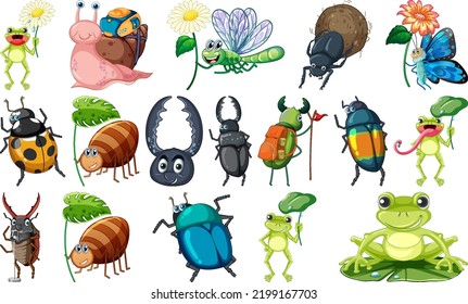 Conjunto de diversos insectos y anfibios ilustración de dibujos animados