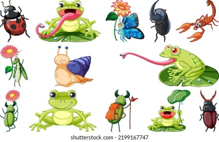 Set of various insects and amphibians cartoon illustration