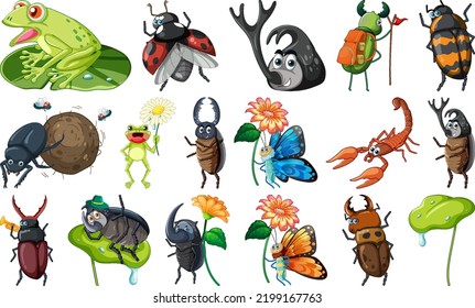 Set of various insects and amphibians cartoon illustration