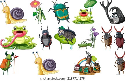 Set of various insects and amphibians cartoon illustration