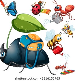 Set of various insects cartoon characters illustration