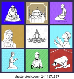 Set of various Islamic elements for holy month of Muslim community, Ramadan Kareem celebration.