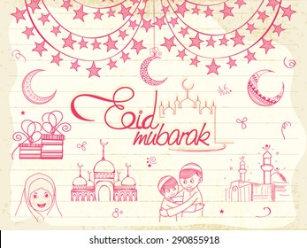 Set of various Islamic elements with illustration of religious Muslim kids on grungy notebook paper background for Eid festival celebration.