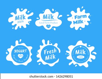 Set of various isolated creative milk logo splash and spot with drops good for packaging design on blue background. Fresh natural dairy products blots. Design for business. Flat vector illustration.