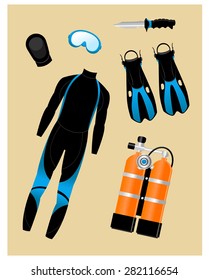 Set of various isolated diving equipment pieces