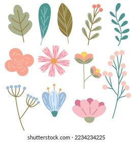 Set of various isolated flowers. Flat and stylized flowers. Vector illustration.