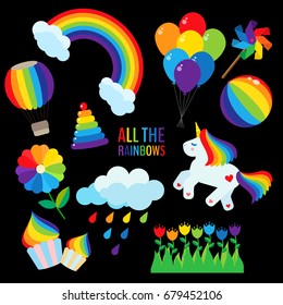 Set of various isolated rainbow colored objects and elements. Cute vector set for kids.