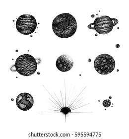 Set Of Various Isolated Solar System Planets In Vintage Dotwork Style. Hand Drawn Illustration On White Background. 