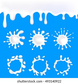 Conjunto de varios contornos aislados de manchas de leche blanca con gotas buenas para el diseño de embalaje en la ilustración vectorial de fondo azul claro