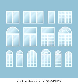 Set of various isolated white plastic windows on blue background. Flat windows collection.