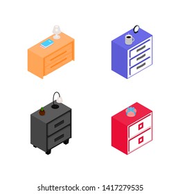 Set of various isometric nightstands with night light, books, gift, cactus, clock. Different color. Element for design, interior icon. Isolated vector illustration. Flat