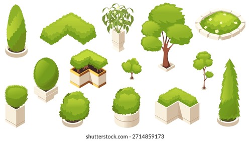 Conjunto de varios árboles isométricos, arbustos y arbustos en macetas sobre fondo blanco. Concepto para el diseño del paisaje y la planificación urbana. Ilustración vectorial