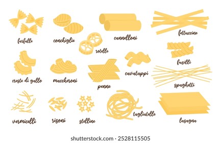 Conjunto de várias massas italianas. Diferentes tipos de massa, macarrão. Farfalle, conchiglie, maccheroni, fusilli, lasanha, espaguete, penne, fettuccine. Cozinha tradicional da Itália. Ilustração vetorial.