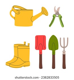 Set of various items for the garden. Gardening Tools. Secateurs, scissors, shovel, rubber boots, watering can. Hand drawn vector illustration. Gardening concept
