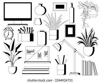 Set of various items for interior design of living room, office, apartment furnishings line art. Design of modern home office workplace. Creative office workspace equipment for room interior