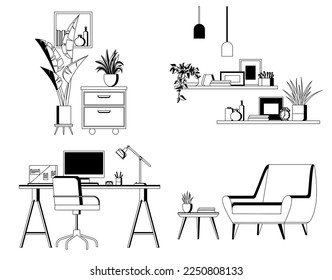 Set of various items for interior design of living room, office, apartment furnishings line art. Design of modern home office workplace. Creative workspace equipment furniture for room interior. Black