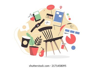 Set of various items for living vector illustration. Collection of objects chair, phone, watch, plant lat style. Modern supplies concept