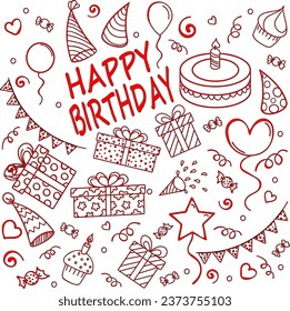 Set of various items on the birthday theme.Red symbols for the holiday with the inscription.