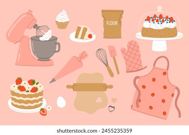 A set of various items for preparing confectionery products. Vector graphics.