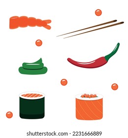 Set of various Japanese cuisine dishes.