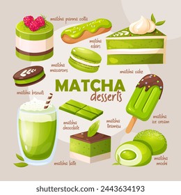 Set of various Japanese matcha desserts.