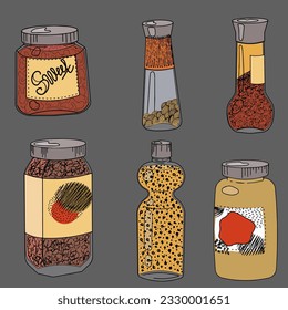 Un conjunto de jarras con especias, con pasta de chocolate, con una bebida carbonatada. Ilustración vectorial de los utensilios de cocina
