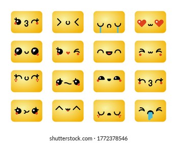 Set of various kawaii emoticons. Vector emoji, smile icons. Isolated vector yellow balls on white background