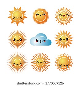 Set of various kawaii sun emoticons. Vector sunny light emoji, smile icons. Isolated vector illustration on white background