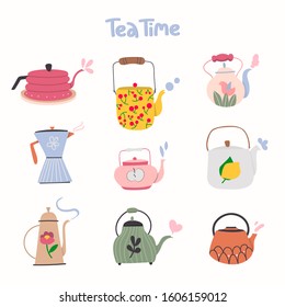 Set of various kettle. Different ornaments. Hand drawn colored trendy vector illustration.  Flat design. Eps 10.