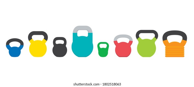 Set of various kettlebells for fitness and weightlifting, ballistic exercises, strength and flexibility training. Sport equipment vector illustration