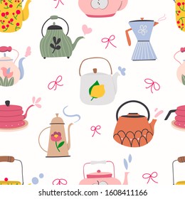 Set of various kettles. Different ornaments.  Hand drawn colored trendy vector seamless pattern.