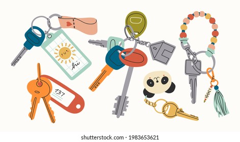 Set of various Keys with different Keychains. Keyholders and keyrings collection. Modern keys with pendants. Hand drawn Vector illustration. Home rental, property, real estate concept