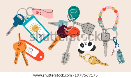 Set of various Keys with different Keychains. Keyholders and keyrings collection. Modern keys with pendants. Hand drawn Vector illustration. Home rental, property, real estate concept