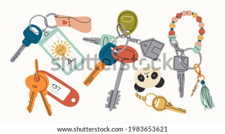 Set of various Keys with different Keychains. Keyholders and keyrings collection. Modern keys with pendants. Hand drawn Vector illustration. Home rental, property, real estate concept 商業照片 © 