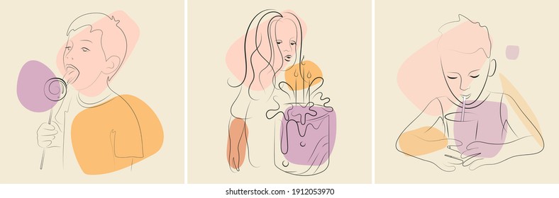 Set of Various Kids Faces. Boy Licks Spiral Lollipop. Little Girl blowing candles on Happy birthday cake. Boy Drinks with a Straw from Cup. Hand-drawn Vector illustrations. Isolated elements