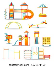 Set of various kid's playground equipment. Vector illustration in flat cartoon style.