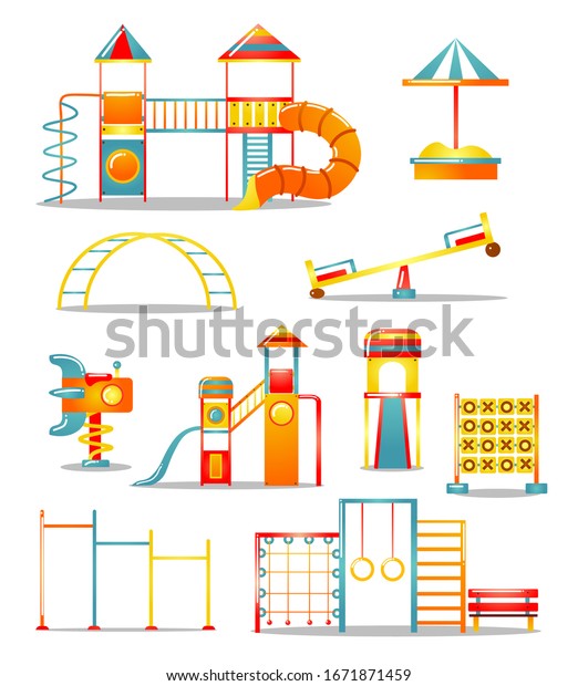 Set of various kid\'s playground equipment.\
Vector illustration in flat cartoon\
style.