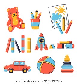Set of various kids toys. Happy childhood symbols. Playing game with friends.