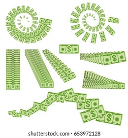 Set a various kind of flying money. Packing in bundles of bank notes, bills fly, paper coins. Flat vector cartoon money illustration. Objects isolated on a white background.