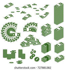 Set a various kind of money icons. Packing in bundles of bank notes, bills fly, gold coins. Flat vector cartoon money illustration. Objects isolated on a white background.